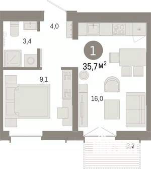 1-к квартира, вторичка, 36м2, 2/16 этаж