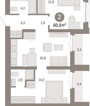 1-к квартира, вторичка, 61м2, 8/16 этаж