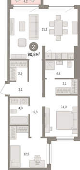 2-к квартира, вторичка, 91м2, 6/8 этаж
