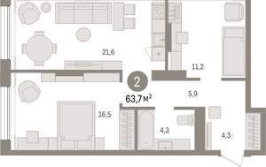 2-к квартира, вторичка, 64м2, 5/17 этаж