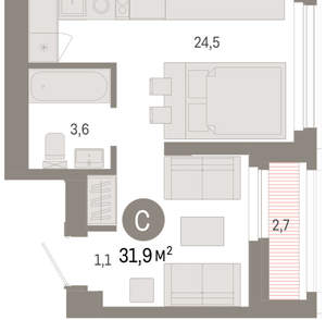 Студия квартира, вторичка, 31м2, 13/25 этаж