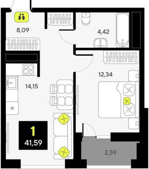 1-к квартира, вторичка, 42м2, 11/14 этаж