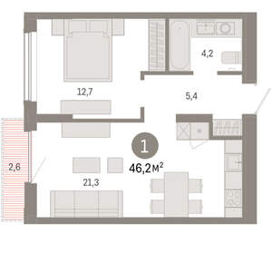 1-к квартира, вторичка, 46м2, 13/17 этаж
