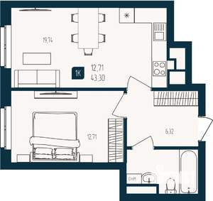1-к квартира, строящийся дом, 43м2, 11/25 этаж