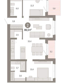 2-к квартира, вторичка, 87м2, 6/11 этаж