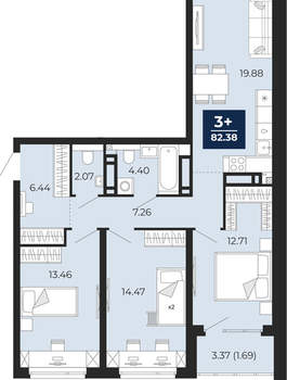 3-к квартира, вторичка, 82м2, 13/22 этаж