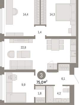 3-к квартира, вторичка, 75м2, 2/16 этаж