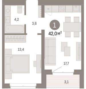 1-к квартира, вторичка, 42м2, 3/11 этаж