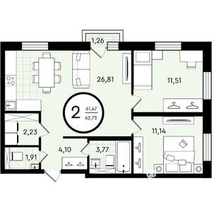 2-к квартира, вторичка, 63м2, 2/4 этаж