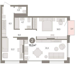 2-к квартира, вторичка, 71м2, 14/17 этаж