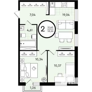 2-к квартира, вторичка, 53м2, 2/4 этаж