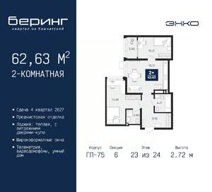 2-к квартира, вторичка, 63м2, 23/24 этаж
