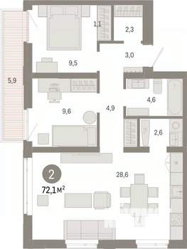 2-к квартира, вторичка, 72м2, 7/9 этаж