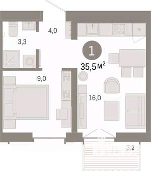 1-к квартира, вторичка, 35м2, 6/9 этаж