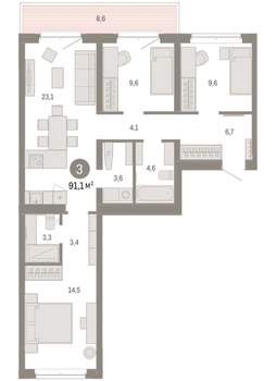 3-к квартира, вторичка, 91м2, 6/7 этаж