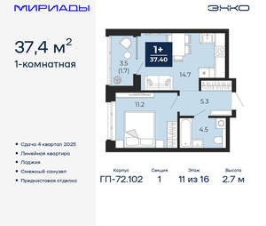 1-к квартира, вторичка, 37м2, 11/16 этаж