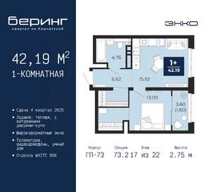 1-к квартира, вторичка, 42м2, 17/22 этаж