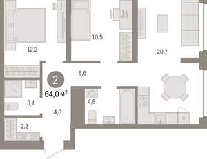2-к квартира, вторичка, 64м2, 2/8 этаж