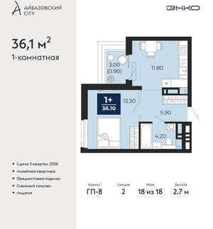1-к квартира, вторичка, 36м2, 18/24 этаж
