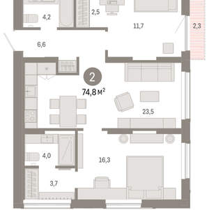 2-к квартира, вторичка, 75м2, 16/17 этаж
