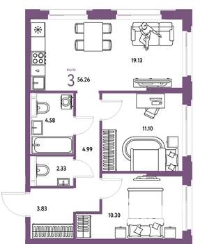 3-к квартира, вторичка, 56м2, 16/25 этаж