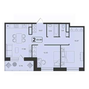 2-к квартира, строящийся дом, 61м2, 19/23 этаж