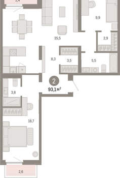 2-к квартира, вторичка, 93м2, 8/16 этаж