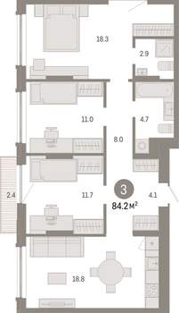 3-к квартира, вторичка, 84м2, 4/8 этаж