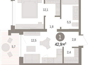 1-к квартира, вторичка, 43м2, 6/8 этаж