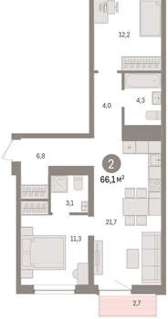 2-к квартира, вторичка, 66м2, 8/10 этаж