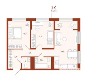 2-к квартира, вторичка, 58м2, 7/14 этаж