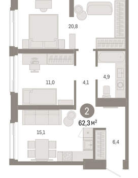 2-к квартира, вторичка, 62м2, 4/25 этаж