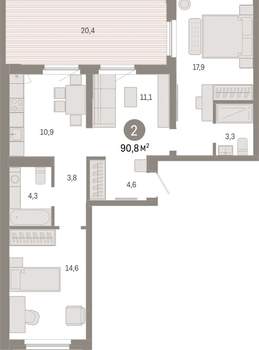 2-к квартира, вторичка, 91м2, 8/16 этаж