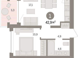 1-к квартира, вторичка, 43м2, 7/8 этаж