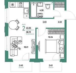 2-к квартира, вторичка, 43м2, 6/25 этаж