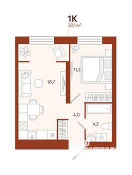 1-к квартира, вторичка, 38м2, 7/14 этаж