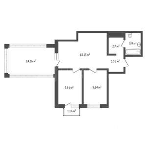 2-к квартира, сданный дом, 63м2, 13/24 этаж