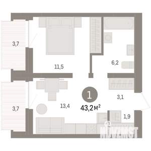 1-к квартира, вторичка, 43м2, 5/9 этаж