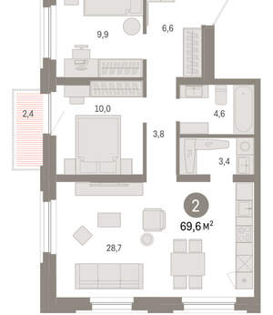 2-к квартира, вторичка, 70м2, 6/16 этаж