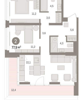 2-к квартира, вторичка, 78м2, 6/16 этаж