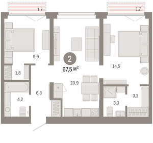 2-к квартира, вторичка, 68м2, 5/16 этаж