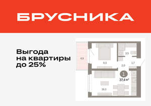1-к квартира, вторичка, 37м2, 4/11 этаж