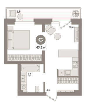 Студия квартира, вторичка, 43м2, 4/9 этаж