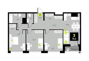 3-к квартира, вторичка, 76м2, 14/17 этаж