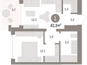 1-к квартира, вторичка, 42м2, 6/8 этаж