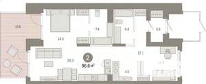 2-к квартира, вторичка, 97м2, 1/7 этаж
