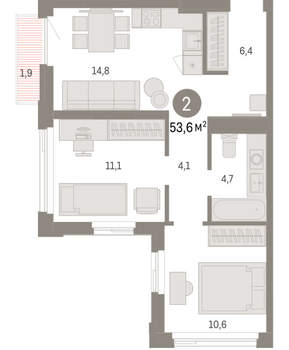 2-к квартира, вторичка, 54м2, 16/25 этаж