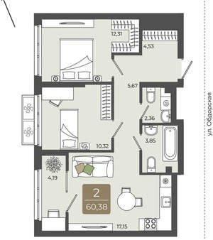 2-к квартира, вторичка, 60м2, 2/15 этаж