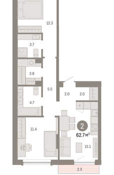2-к квартира, вторичка, 63м2, 2/8 этаж