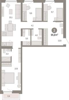 3-к квартира, вторичка, 96м2, 3/16 этаж